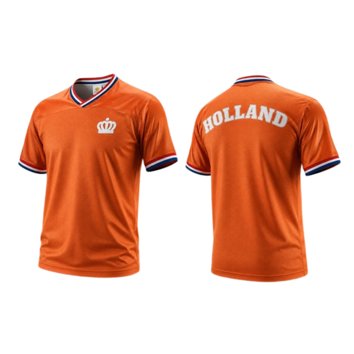 Oranje Holland voetbalshirt, supportersshirt van BNationX met witte kroon op de voorkant en “HOLLAND” op de achterkant. Voor- en achteraanzicht van uniseks supporterskleding met rood-wit-blauwe details voor WK voetbal 2026.