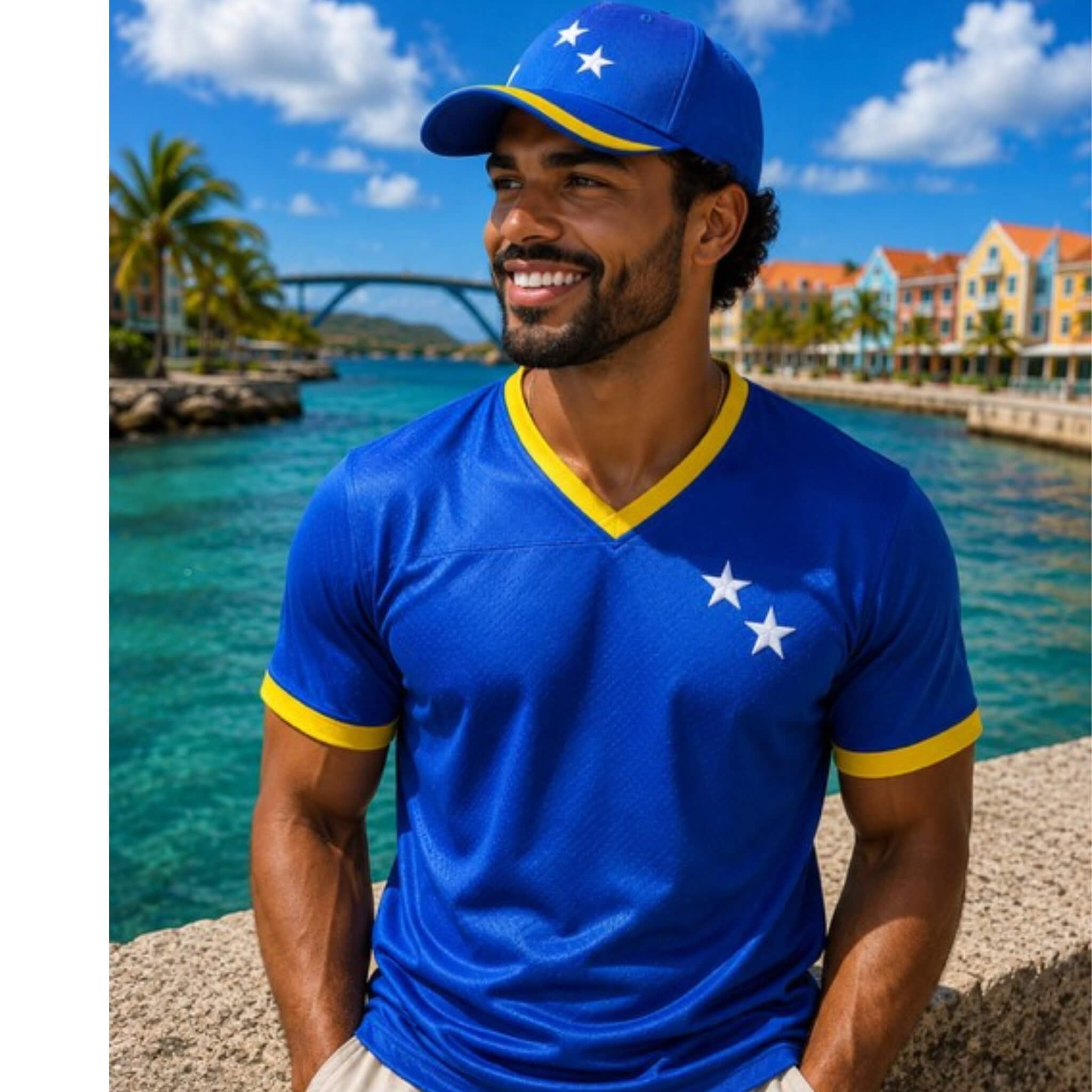 Man draagt een blauw Curaçao supportersshirt en matching pet van BNationX aan het water van Willemstad Curaçao. Sportieve supporterskleding geïnspireerd op de Curaçaose vlag voor WK voetbal fans en eilandliefhebbers.