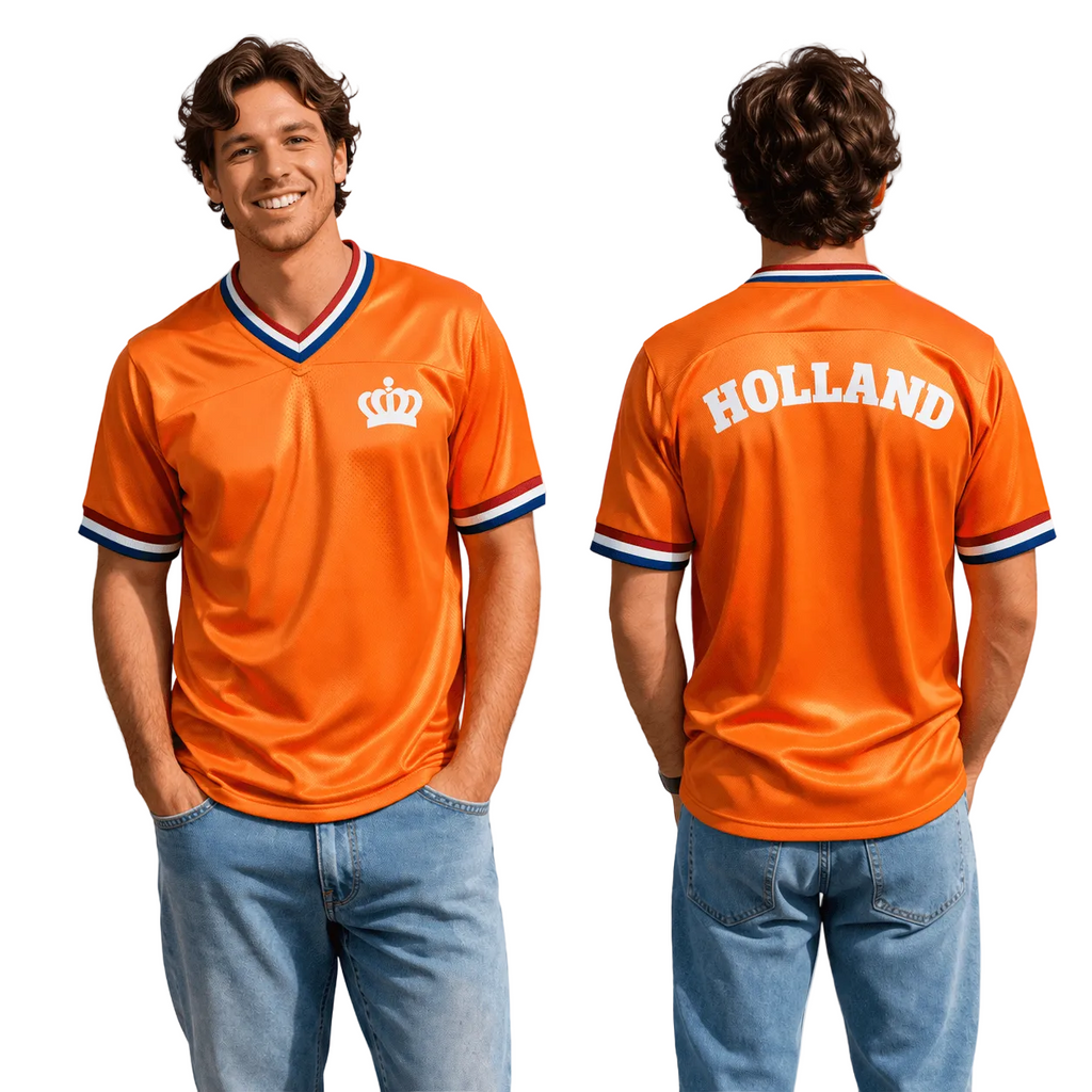 Nederlandse mannelijke supporter in oranje fanshirt met kroonlogo en Holland op de achterkant, voor- en achteraanzicht