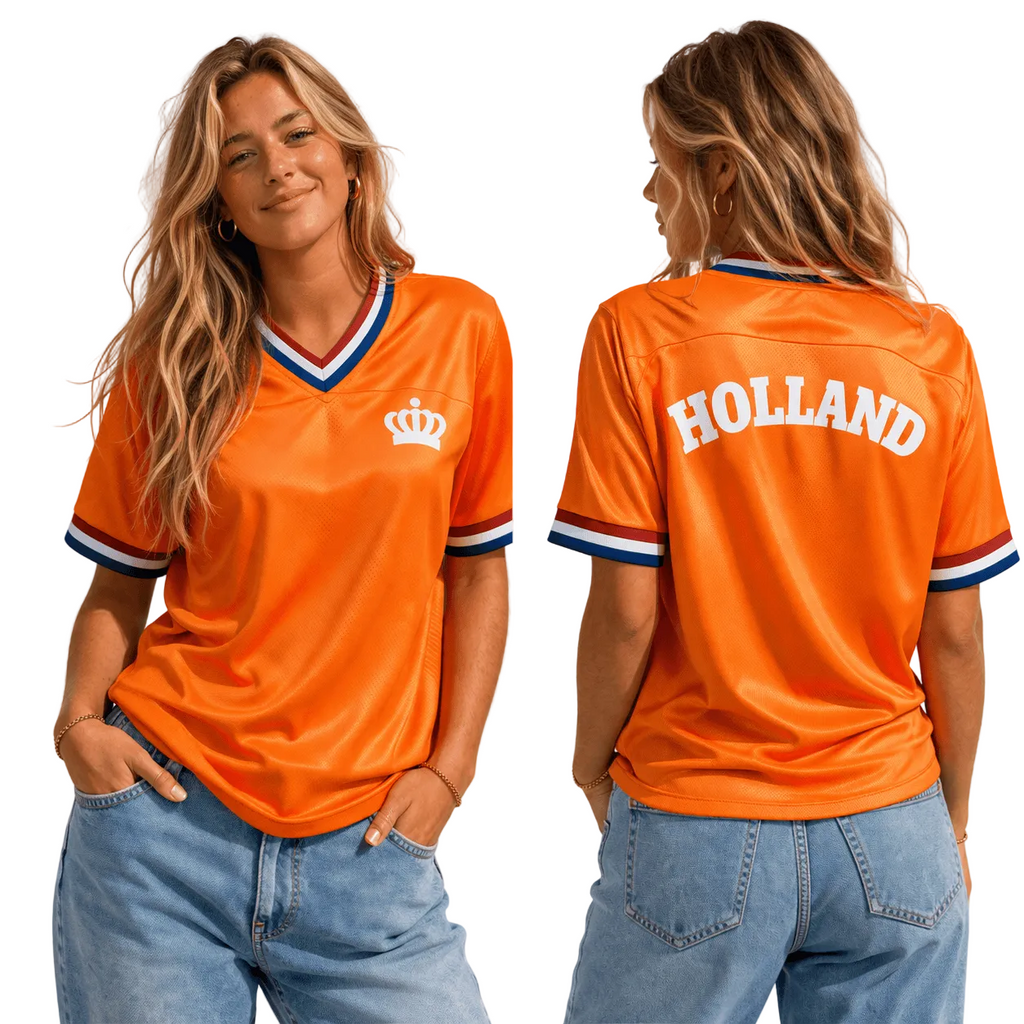 Nederlandse vrouwelijke supporter in oranje fanshirt met kroonlogo en Holland op de achterkant, voor- en achteraanzicht