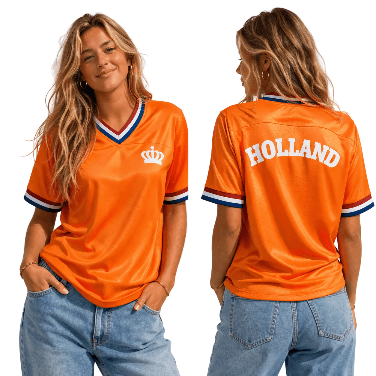 Nederlandse vrouwelijke supporter in oranje fanshirt met kroonlogo en Holland op de achterkant, voor- en achteraanzicht