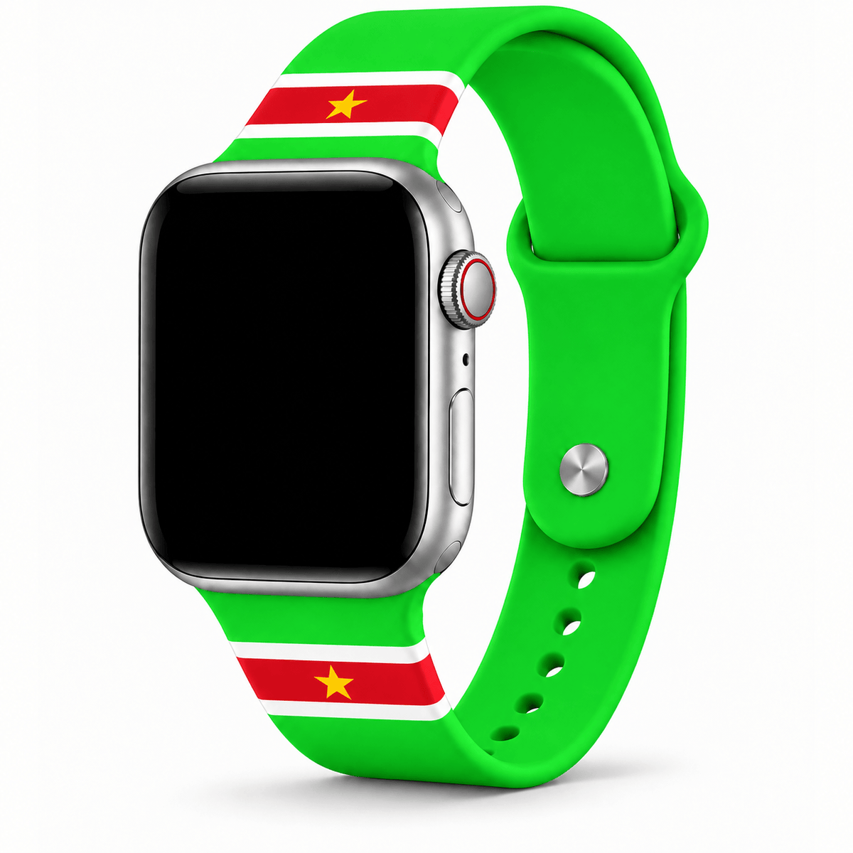 Groen Suriname horlogebandje met rood-witte vlagdetails en gele ster, bevestigd aan een smartwatch.