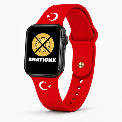 Rood BnationX Turkije Apple Watch-bandje met witte halve maan en ster en BnationX-logo.
