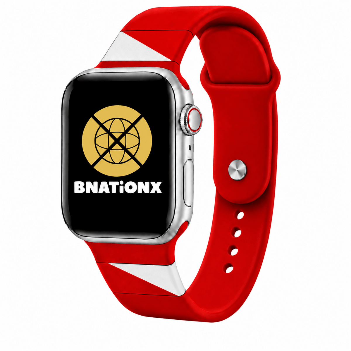 Rood-wit BnationX Utrecht Apple Watch-bandje met het Utrechtse diagonale ontwerp en BnationX-logo