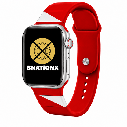 Rood-wit BnationX Utrecht Apple Watch-bandje met het Utrechtse diagonale ontwerp en BnationX-logo
