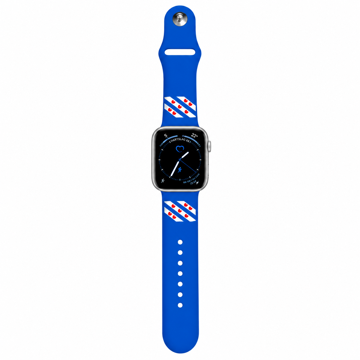 Blauw horlogebandje met Friese vlagdetails, afgebeeld met een smartwatch op een witte achtergrond.