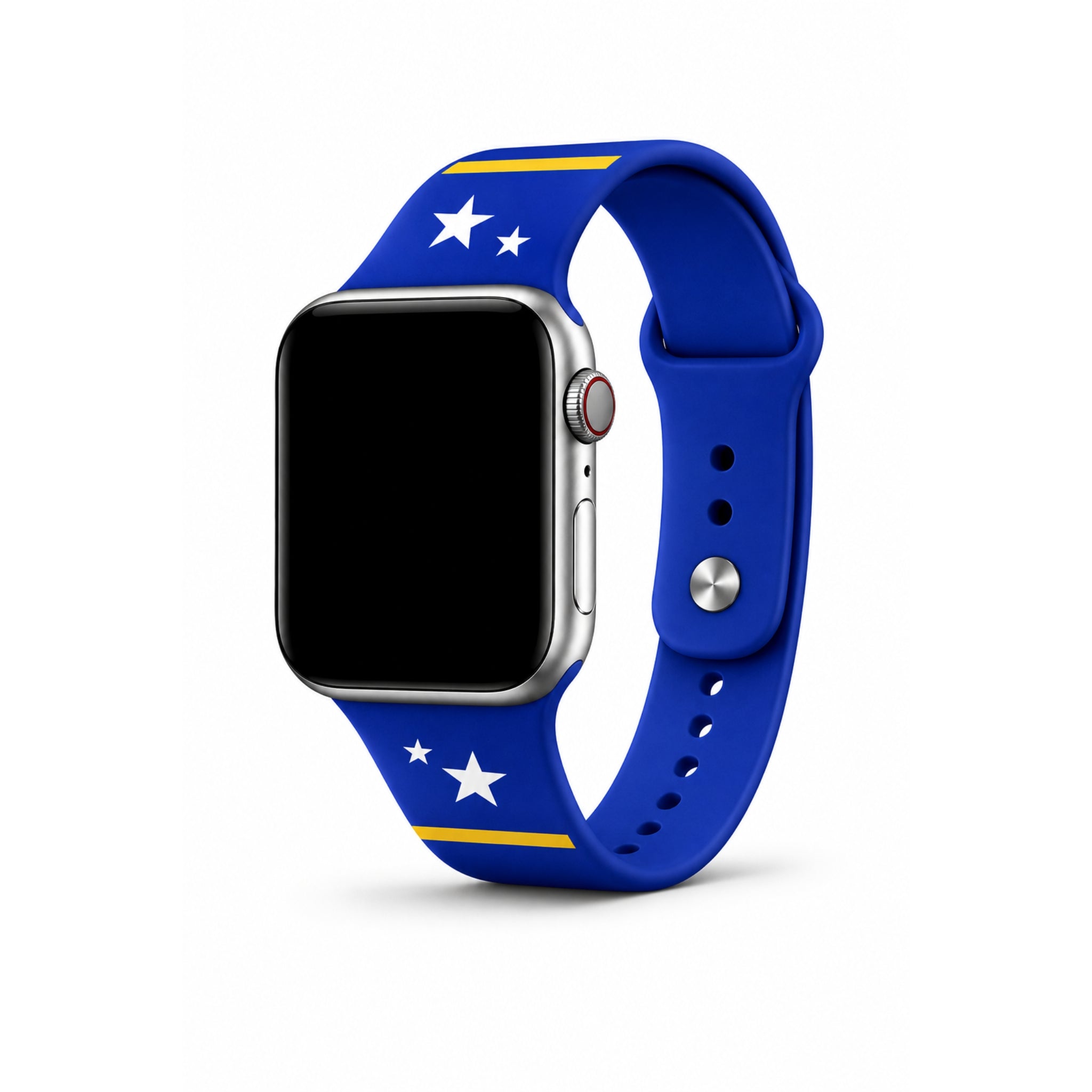 Blauw Curaçao Apple Watch bandje van BNationX met gele strepen en witte sterren, geïnspireerd op de vlag van Curaçao. Silicone smartwatch band met zwart display en verstelbare sluiting voor Apple Watch.