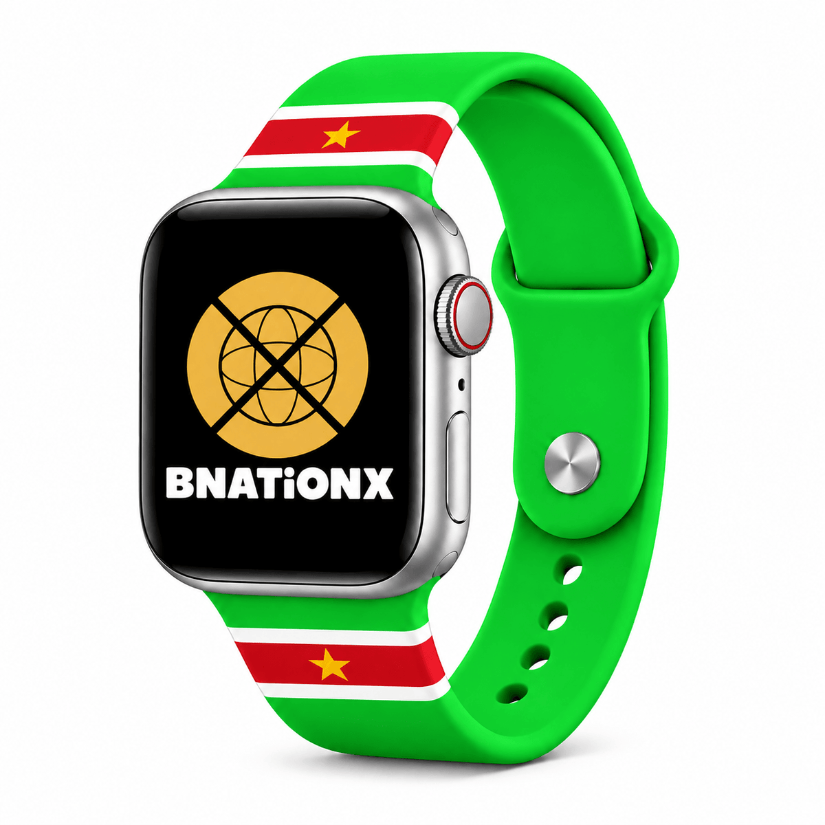 Groen BnationX Suriname Apple Watch-bandje met Surinaamse vlagdetails, gele ster en BnationX-logo.