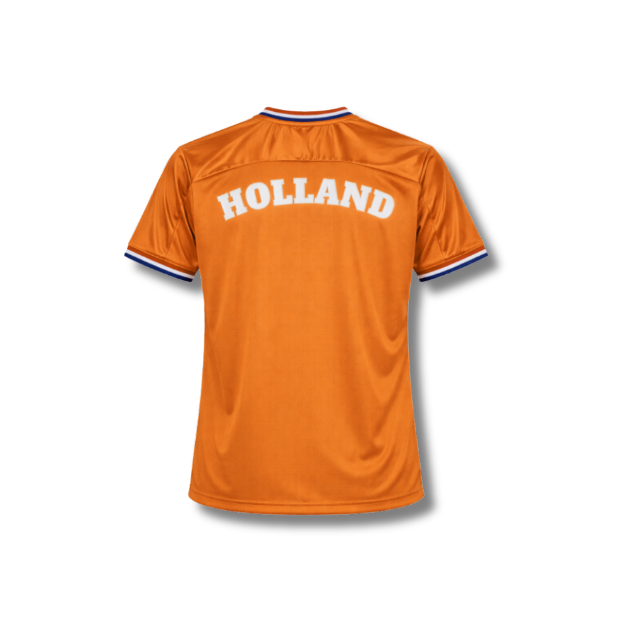 Rustig ogend oranje Nederlands supportersshirt, achterkant met ‘HOLLAND’ in witte letters en rood-wit-blauwe details aan de kraag en mouwen.