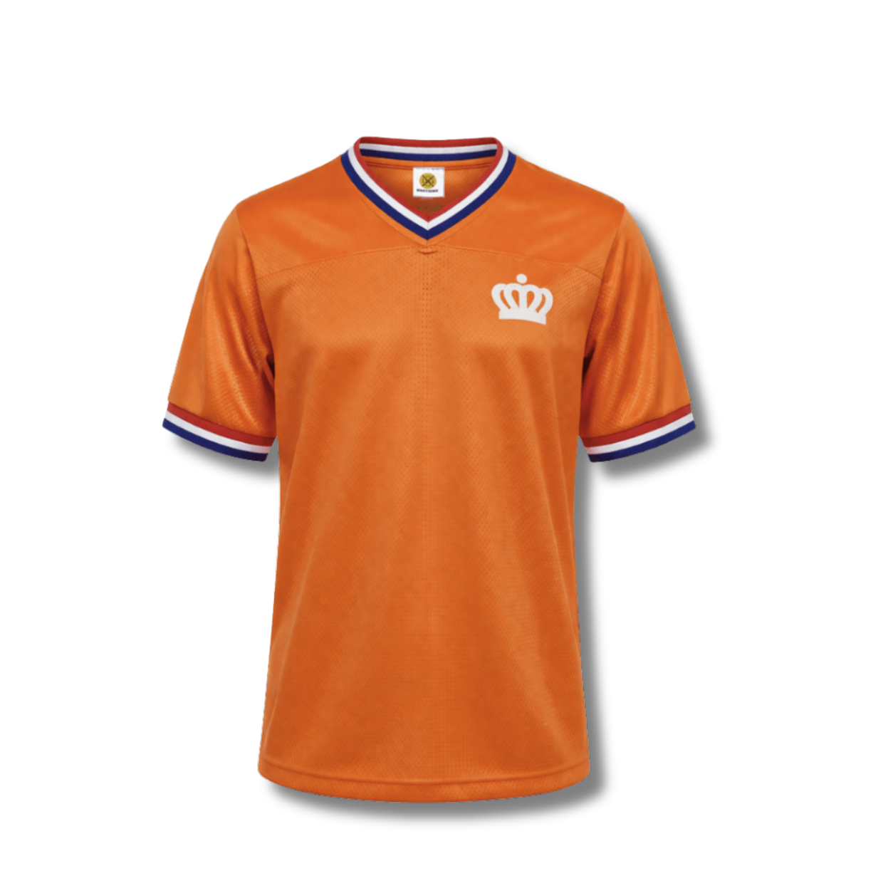 Rustig en strak oranje Nederlands supportersshirt met rood-wit-blauwe kraag en mouwranden, voorzien van een wit kroontje op de borst.